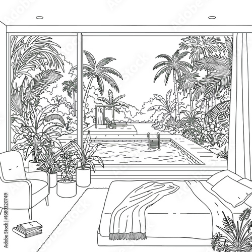Serene Indoor Oasis Overlooking Lush Tropical Garden and Pool