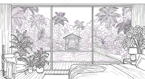 Serene Courtyard Garden With Central Gazebo And Lush Foliage View Through Architectural Frame
