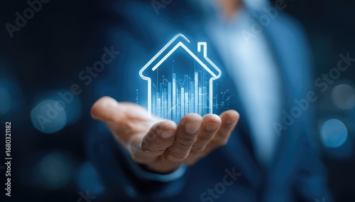 Businessperson holds a glowing house icon overlaid with data graphs