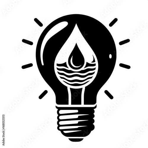 Black and White Vector Silhouette of Bulb with Water Droplet Inside