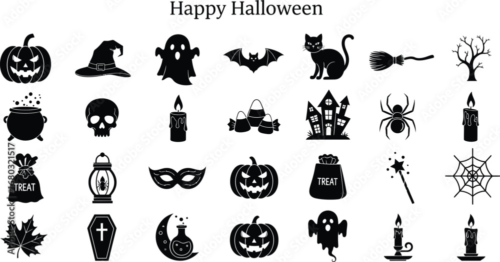 Naklejka premium Happy halloween icons, set of spooky silhouettes for holiday decoration and party design elements