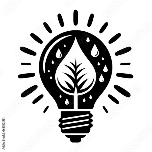Black and White Vector Silhouette of Bulb with Water Droplet Inside