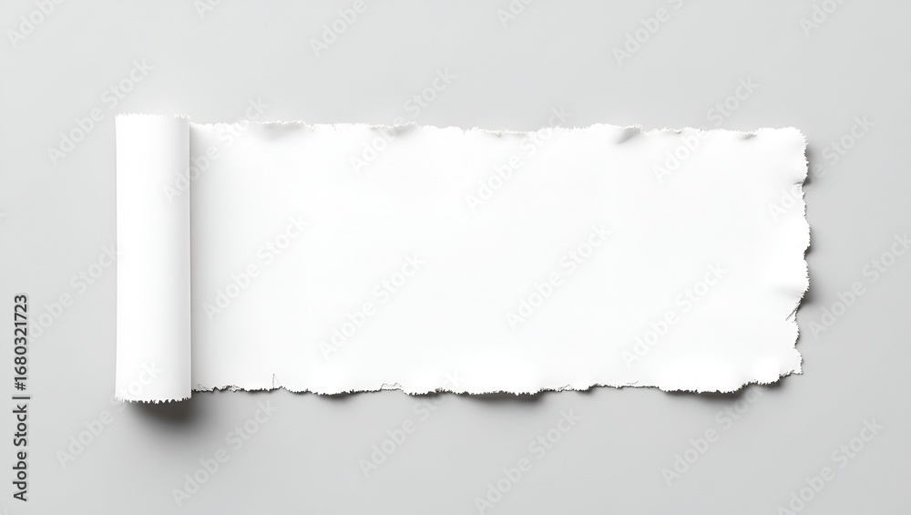Fototapeta premium Abstract torn paper composition – bright white paper piece with uneven ripped edges and fibrous strands exposed, rough texture enhancing depth and realism