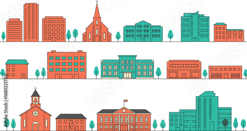 City buildings, urban skyline, residential houses, commercial shops, office towers, school, church, trees, architecture, real estate, neighborhood, town, street view, landscape, property,