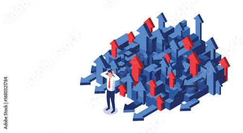 Struggling businessman overwhelmed by chaotic market trends and complex business decisions