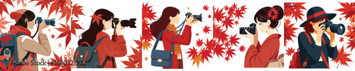 A woman taking photos of autumn scenery. A collection of icons, vectors, and illustrations.