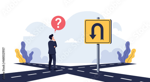 Man contemplates crossroad decision with U-turn sign and question mark above, symbolizing choice