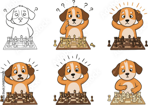Confused cartoon dog playing chess, funny puppy at chessboard, thinking canine character, humorous brain game illustration, strategy learning art