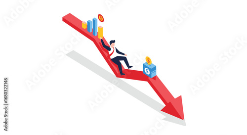Businessman slides down red graph arrow toward donation box symbolizing financial decline and recession