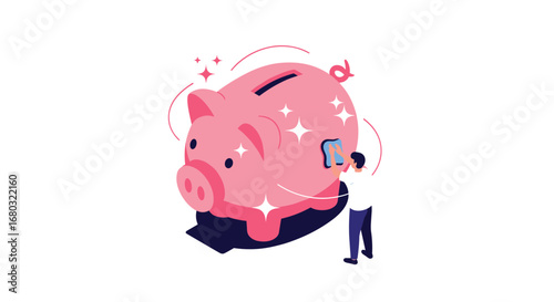 Man meticulously polishing a sparkling pink piggy bank, symbolizing financial care and growth