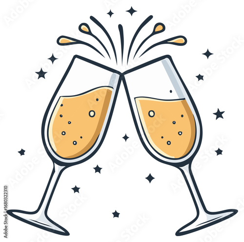 Two glasses of champagne toasting with celebratory bubbles and stars