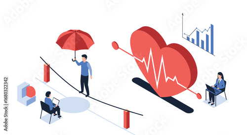 Business professionals navigate health and financial risks under a protective umbrella with data analysis