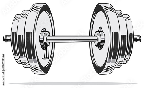 Metallic dumbbell graphic illustration, workout weights for strength training fitness