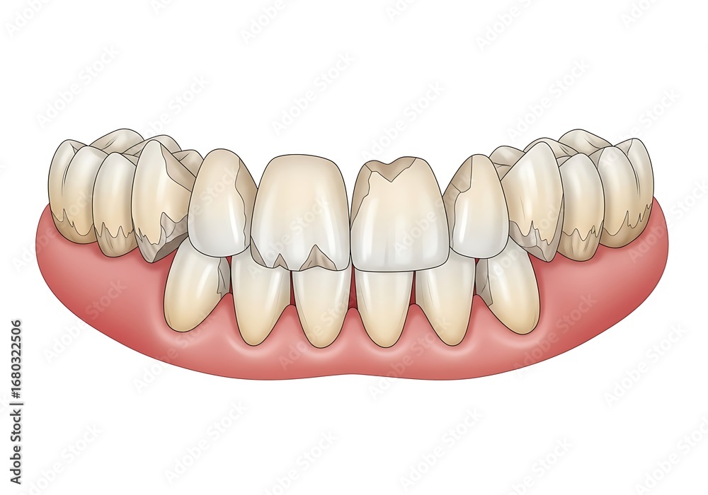 Fototapeta premium 3d illustration of closeup of unhealthy human teeth and gums, showing decay and gum recession, isolated on white background