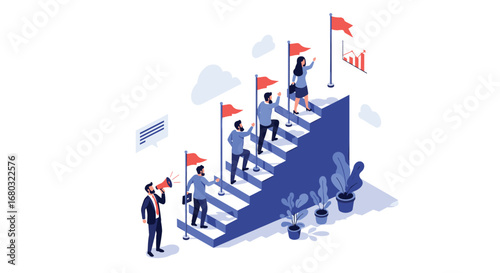 Motivated team climbs stairs to success, guided by leader with megaphone and reaching goals.