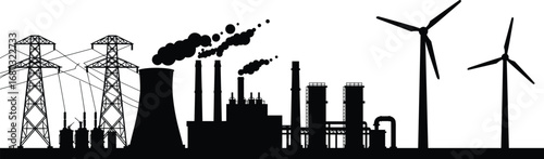 Energy infrastructure silhouette with power lines, cooling tower, factories, wind turbines, renewable and fossil fuel industry, environmental concept, black and white