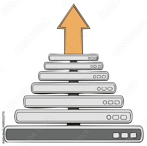 Stacked servers ascend with a large orange arrow indicating progress and growth