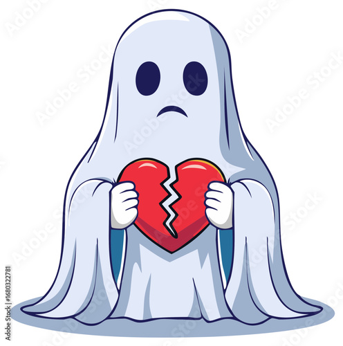 Sad ghost holding a broken heart symbol with a distressed expression