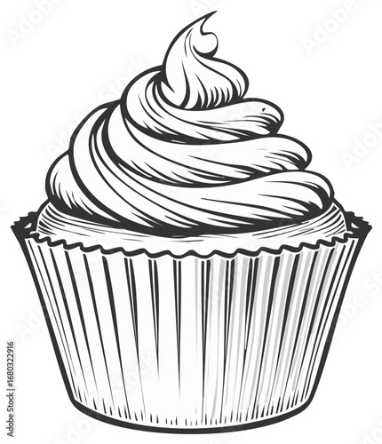 Delicious cupcake with creamy swirled frosting vector illustration sweet dessert bakery treat line art
