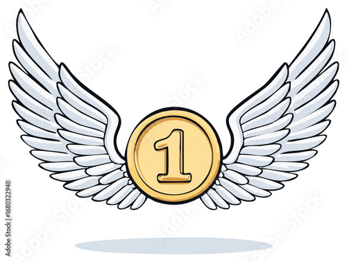 Gold coin with the number one and white wings cartoon illustration