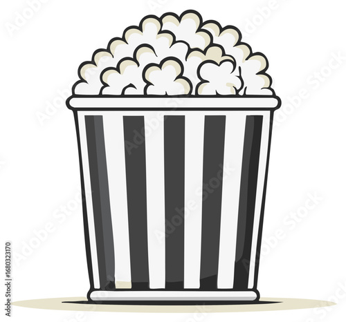 Stylized popcorn bucket full of fluffy popcorn, white stripes, classic design.