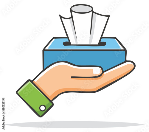 Hand Holding Blue Tissue Box with White Tissues Illustration