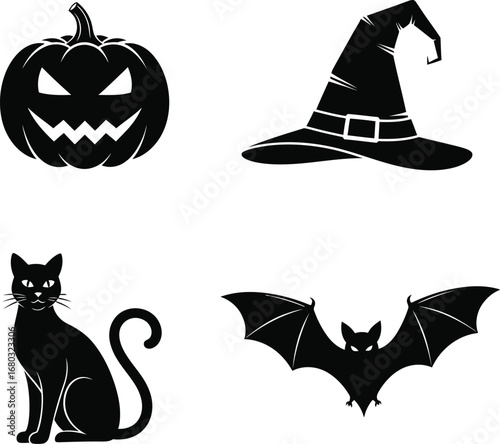 Halloween silhouettes featuring a pumpkin, witch hat, cat, and bat for spooky season decorations and designs