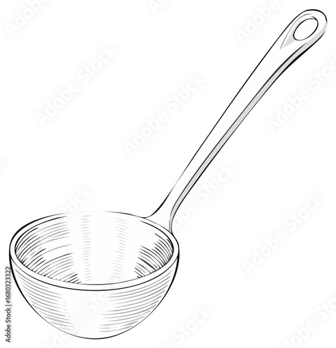 Silver Ladle Illustration for Kitchen, Cooking, and Serving Dishes, Monochrome Design
