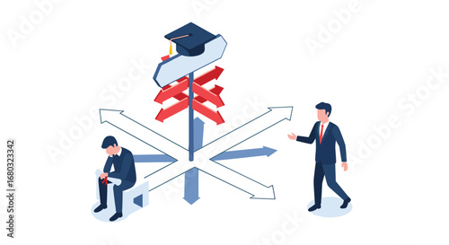Man contemplating career path at crossroads signpost with graduation cap symbolizing choices