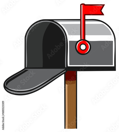 Illustrated Grey Mailbox with Open Door and Red Flag Up on Wooden Post Receives Mail