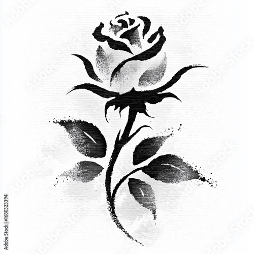 Black and white rose tattooed on a white background. The tattoo is of a rose with a black stem and leaves. The tattoo is very detailed and looks like a real rose. The tattoo has a very elegant