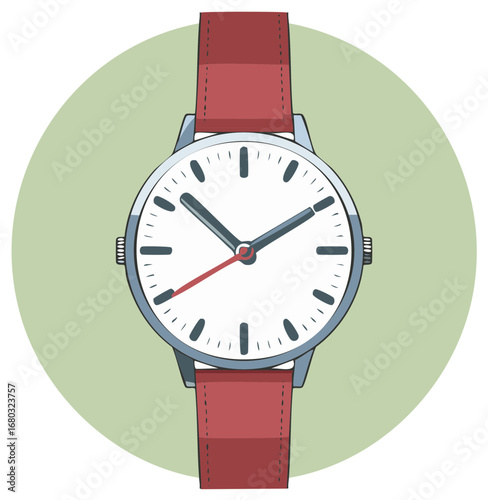 Elegant wristwatch illustration featuring a red leather strap against a green background showing the hour