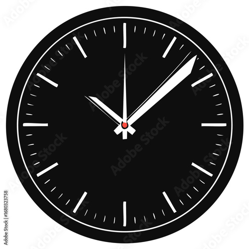 Black and white clock face showing a little after ten o'clock with hands indicating time