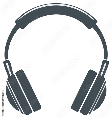 Stylized graphic illustration of dark gray over ear headphones on a white background