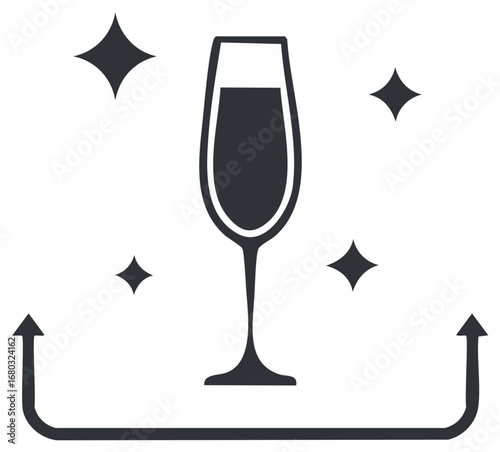 Elegant Celebration Toast: Champagne Flute Icon Surrounded by Sparkles and Arrow Design Element