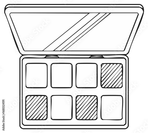 Opened eye shadow palette line art sketch, highlighting contour and highlighting shapes for makeup application in monochrome style