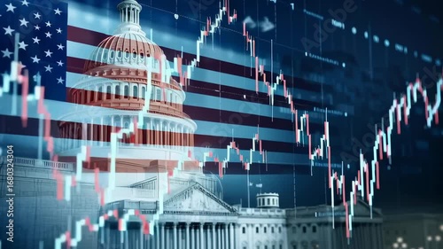A picture of the United States Capitol building with a stock market graph on top. Scene is serious and important, as it combines the power of the government with the financial world