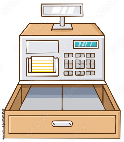 Cartoon illustration of a cash register with an open drawer and a display screen.