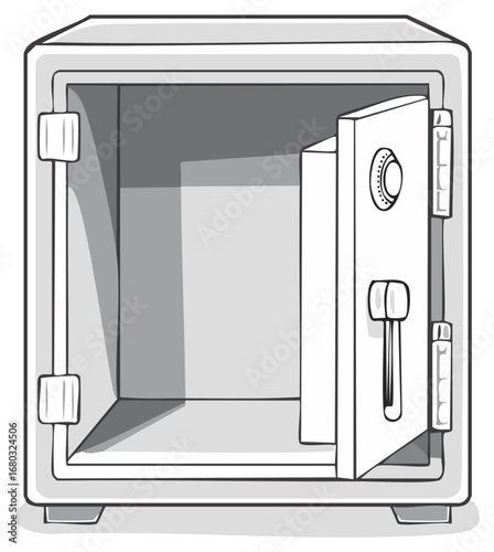 Cartoon illustration of an open safe security box with an open door showing empty interior