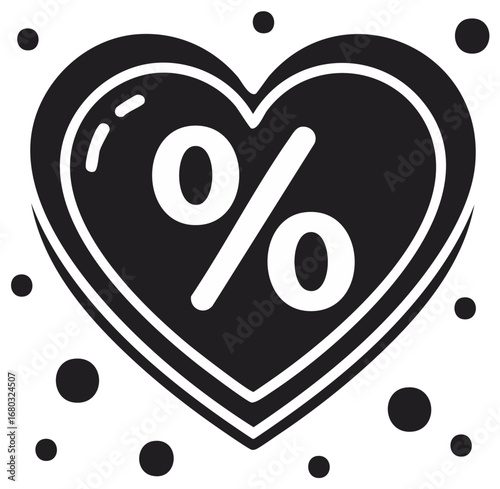 Heart shape with percent symbol in black and white, design element