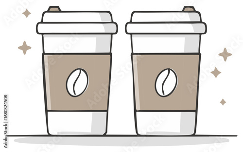 Stylized Graphic of Two Takeaway Coffee Cups with Coffee Bean Logos and Sparkles