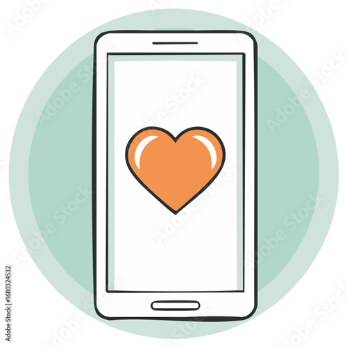 Smartphone with orange heart symbol on screen, surrounded by a teal circle