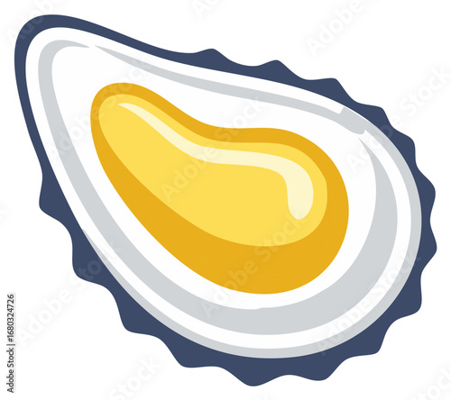 Stylized illustration of an open oyster with yellow meat and a blue edge.