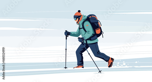 Adventurous Person Glacier Trekking Through Snowy Landscape In Winter Season Scene