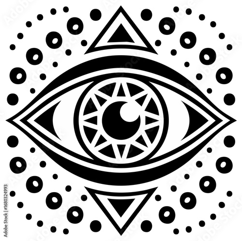 Stylized mystical eye symbol with geometric triangles and intricate decorative patterns