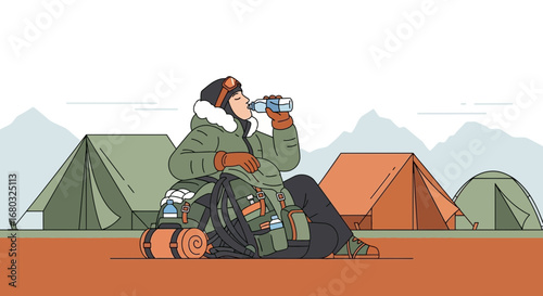 Adventurous Person Resting And Drinking Water In The Camp Surrounded By Nature
