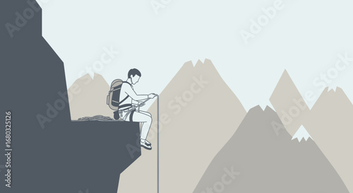 Adventurous Person Resting On Cliff Edge With Mountain Range Background Illustration