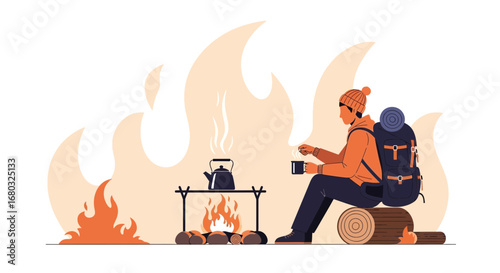 Adventurous Person Relaxing Beside Campfire While Enjoying a Hot Drink Beside a Fire