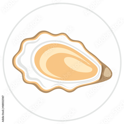 Stylized illustration of a fresh open oyster with edible meat inside a shell, seafood icon design