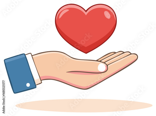 Illustration of a human hand presenting a glowing red heart, symbolizing love, care, and generosity